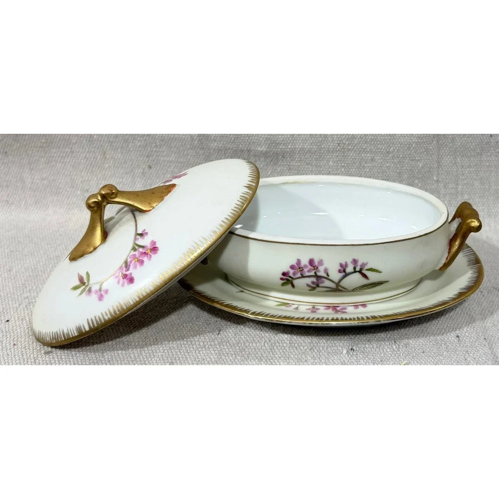 Vintage Floral Porcelain Lidded Tureen and Underplate Set Gold Gilt 6623